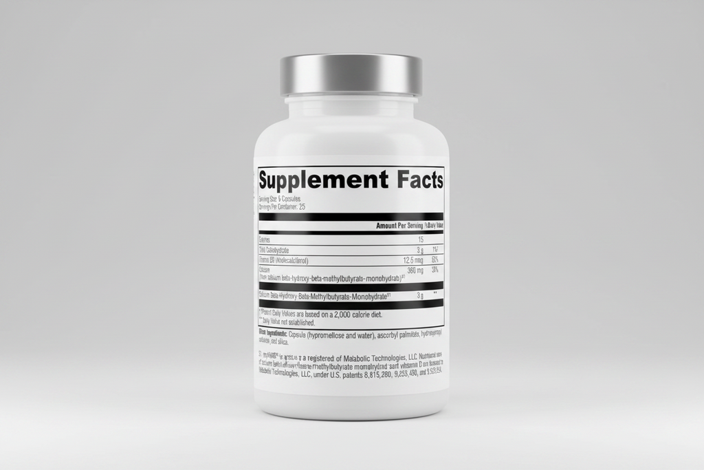 Supplement facts label with detailed nutritional information on a white background