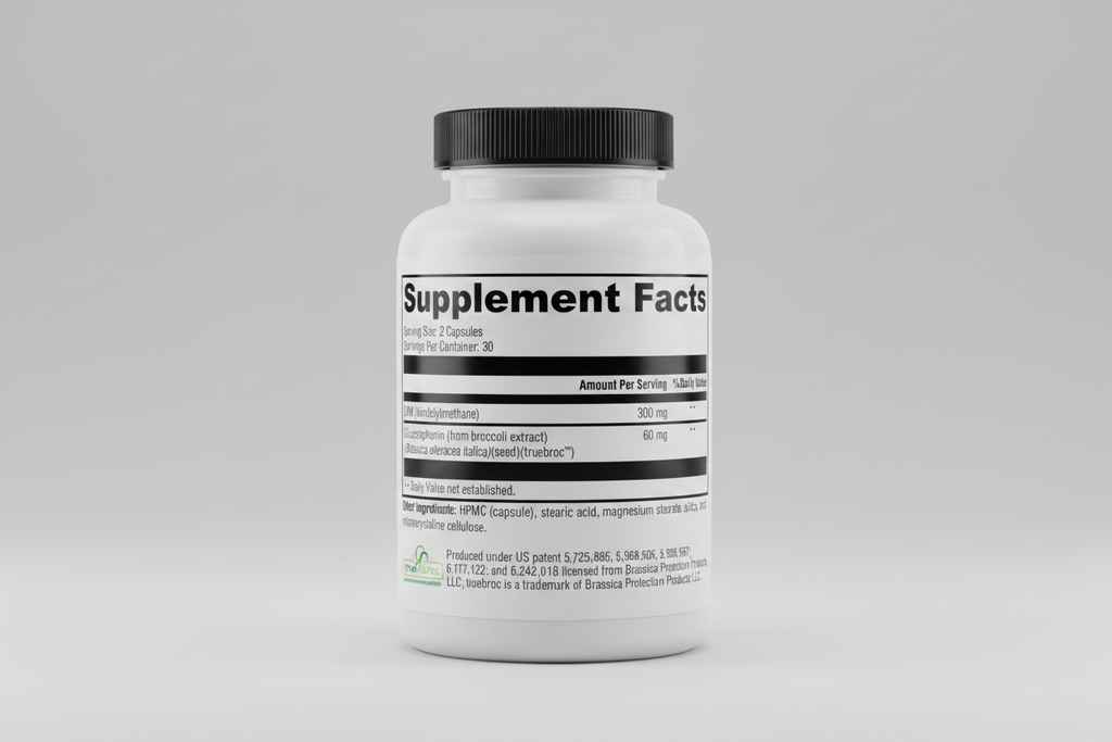 Supplement facts label with DIM and glucoraphanin content on a white background