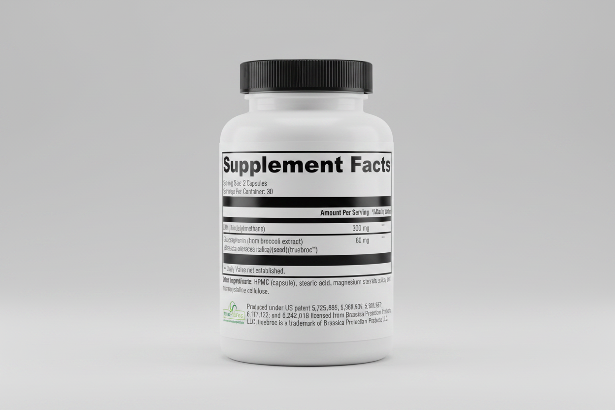 Supplement facts label with DIM and glucoraphanin content on a white background