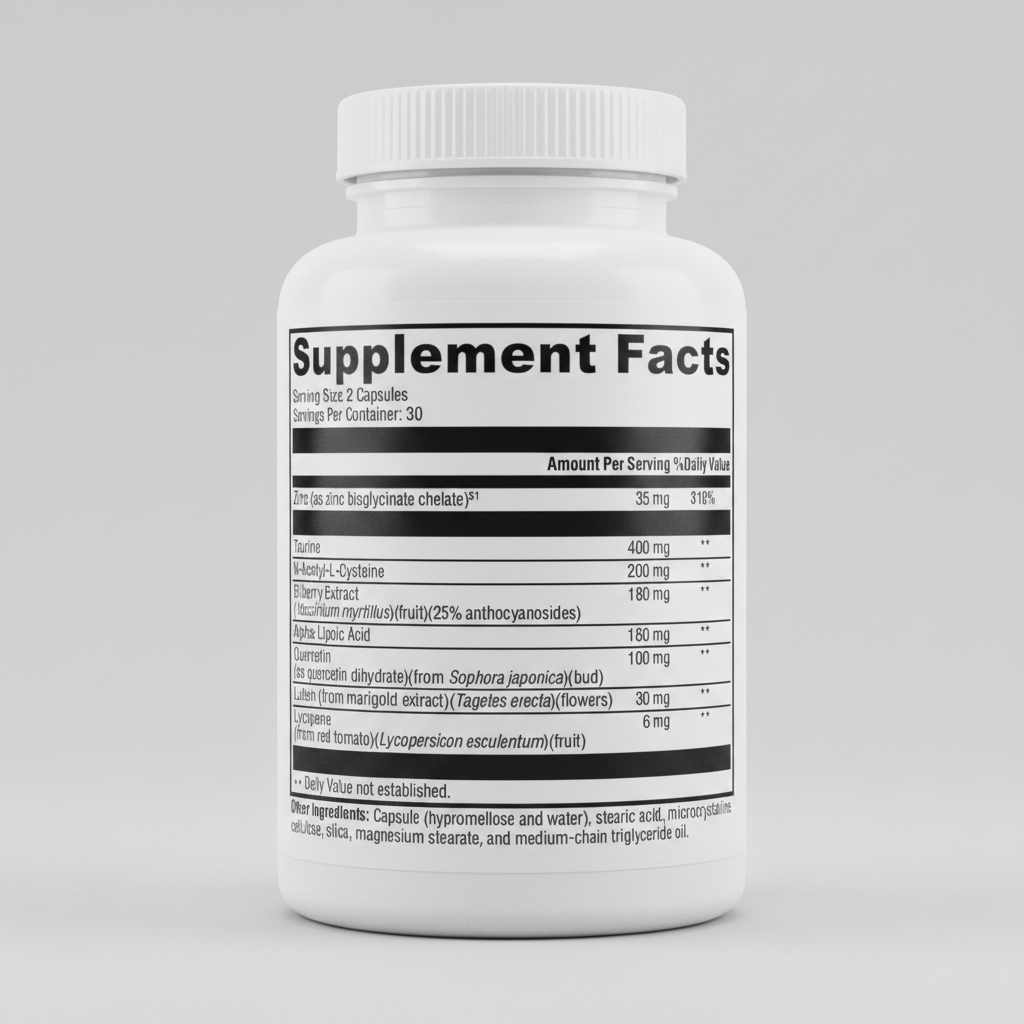 Supplement facts label with various nutrients listed on a black background