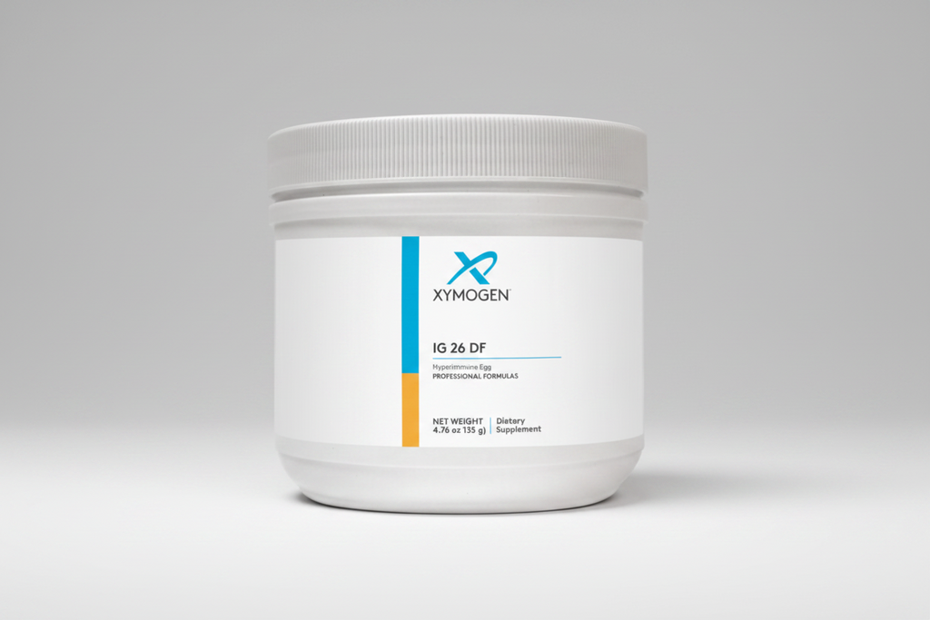 Xymogen IG 26 DF supplement container on a white background