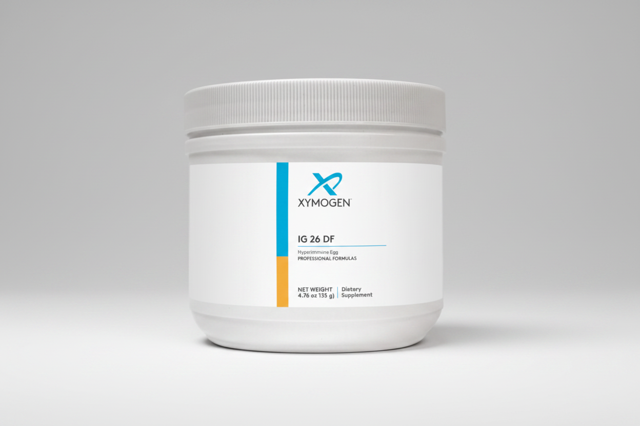 Xymogen IG 26 DF supplement container on a white background