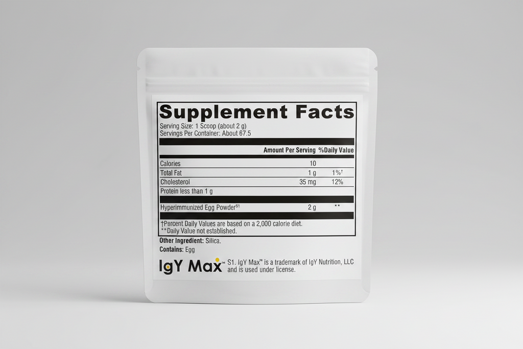 Supplement facts label for IgY Max product with nutritional information.