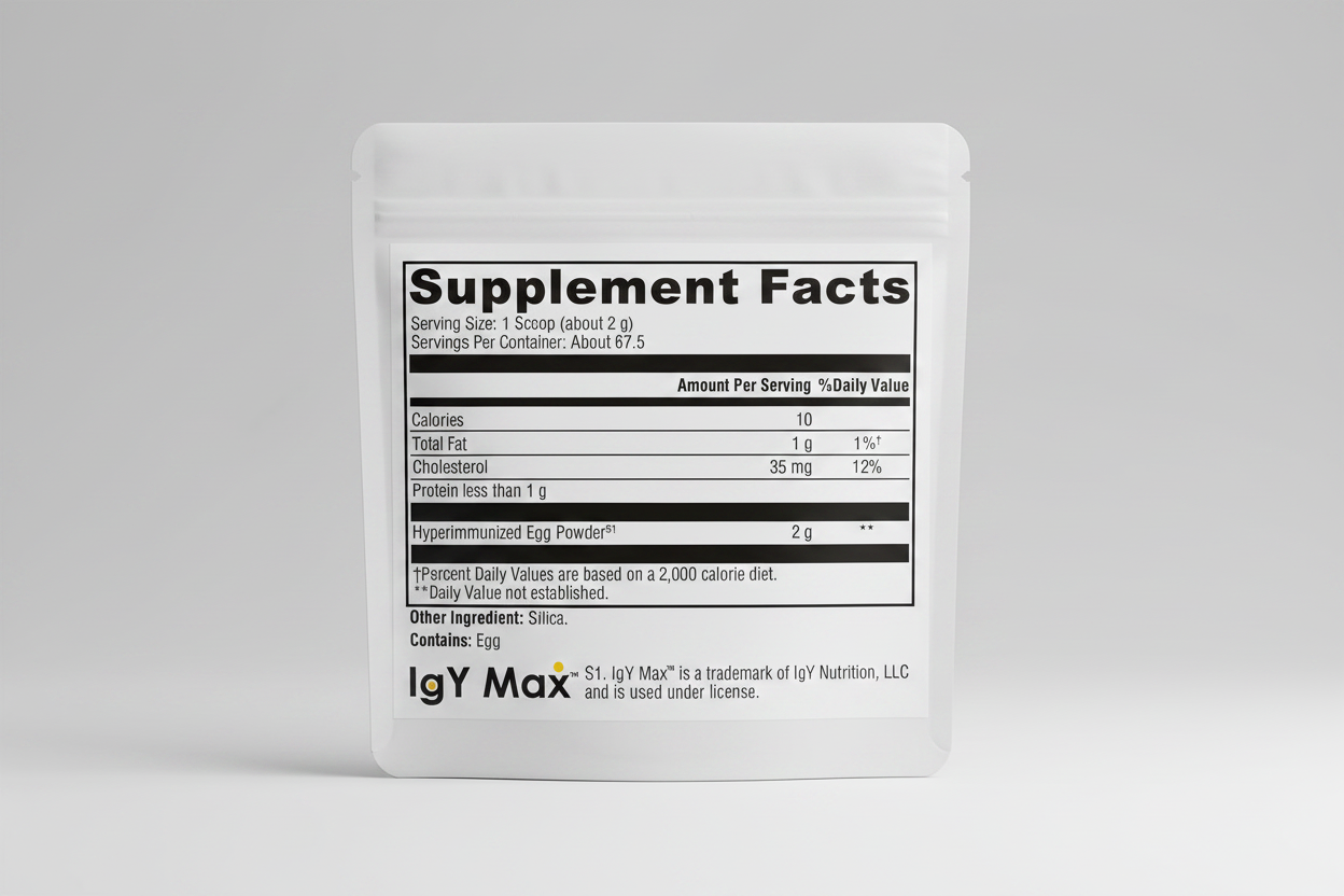 Supplement facts label for IgY Max product with nutritional information.