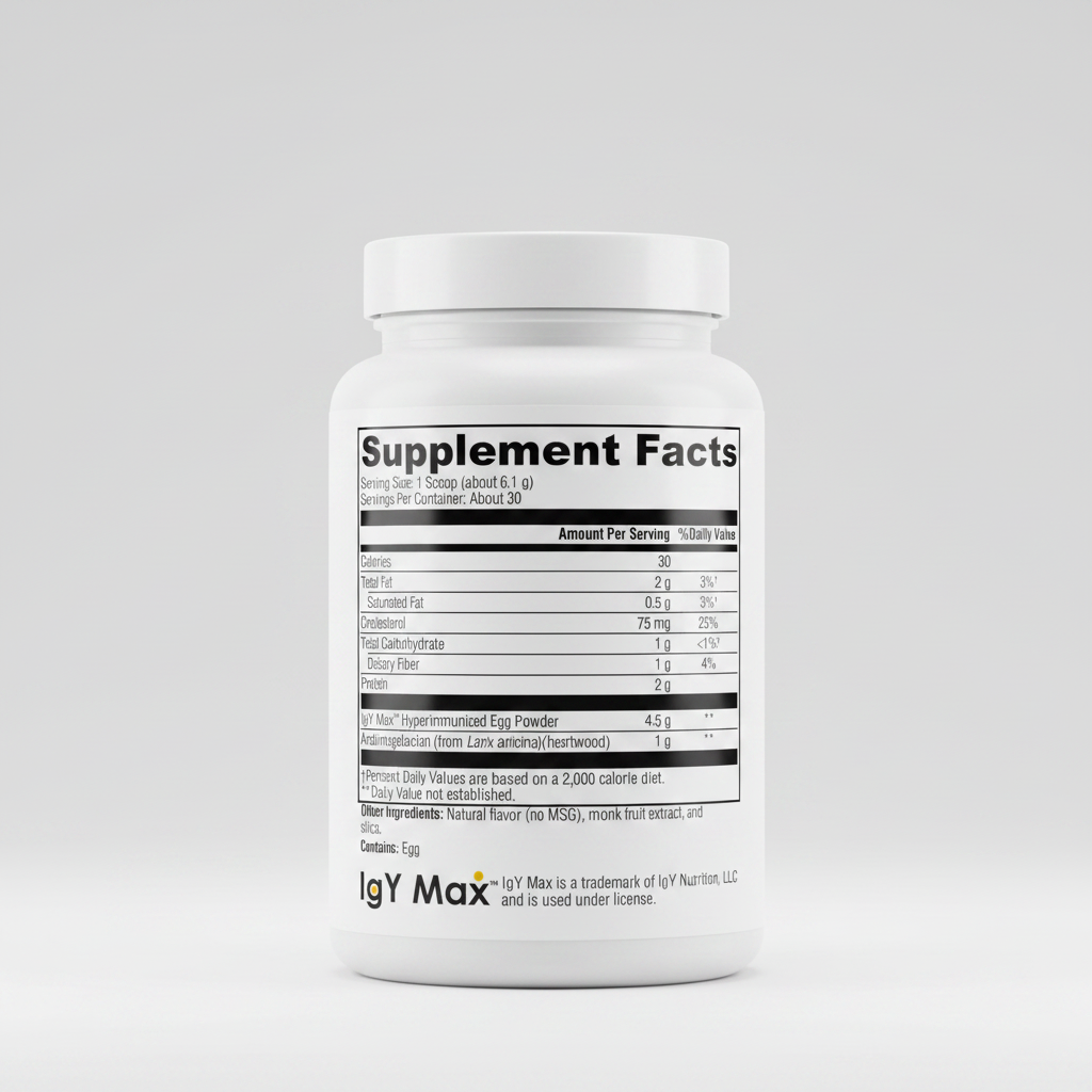 Supplement facts label for IgY Max hyperimmunized egg powder with nutritional information.