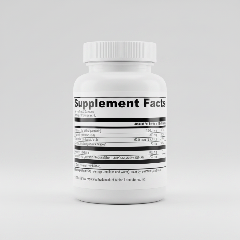 Supplement facts label with detailed nutritional information on a white background