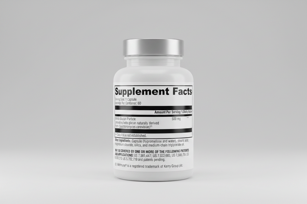 Supplement label with 'Supplement Facts' details on a white background