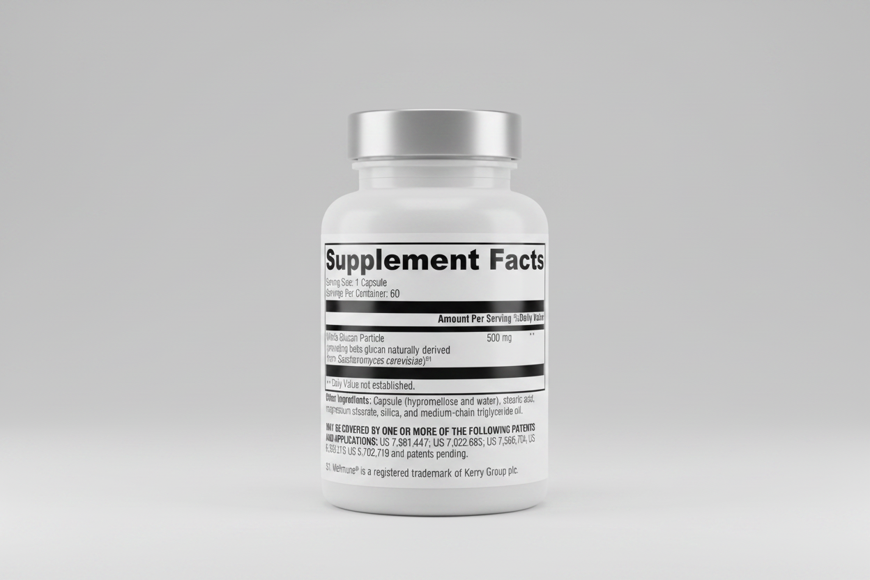 Supplement label with 'Supplement Facts' details on a white background