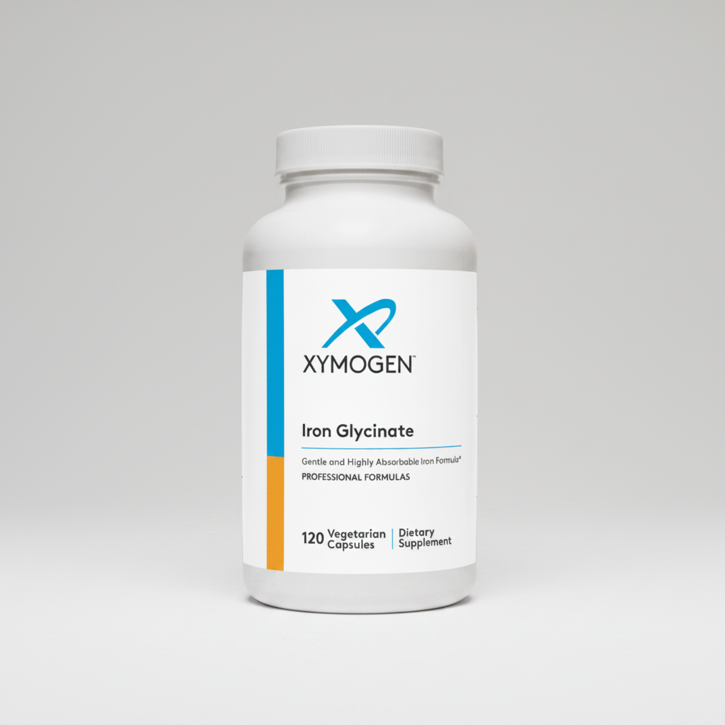 Xymogen Iron Glycinate dietary supplement bottle on a white background