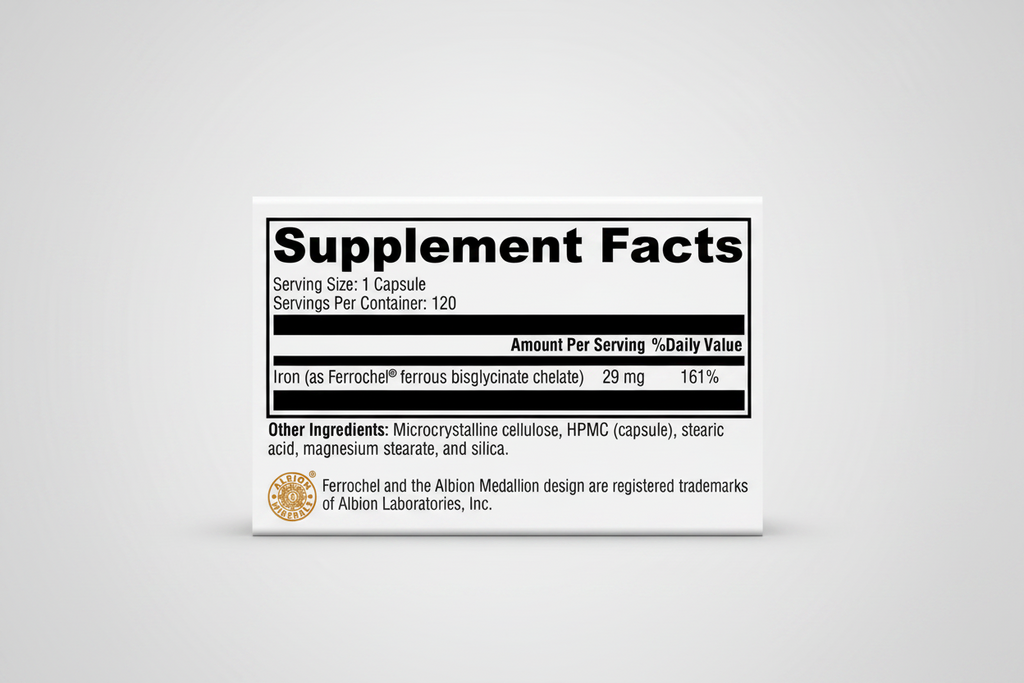 Supplement facts label with iron content and Albion Laboratories branding.