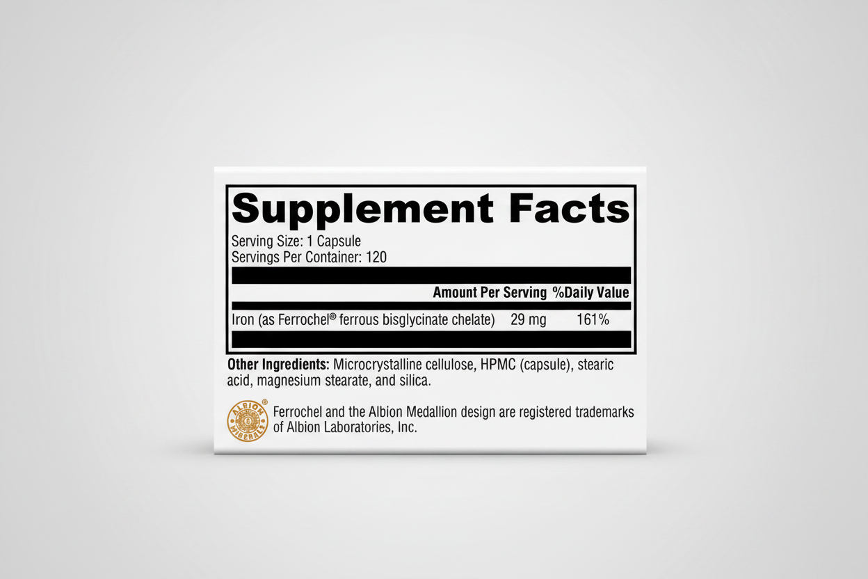 Supplement facts label with iron content and Albion Laboratories branding.