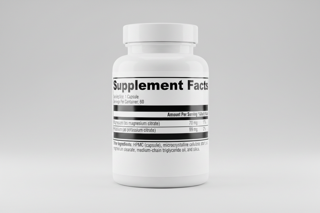 Supplement facts label with magnesium and potassium content on a black background