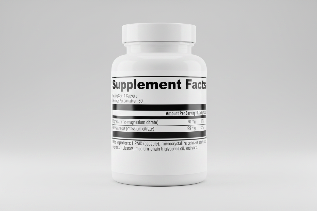 Supplement facts label with magnesium and potassium content on a black background