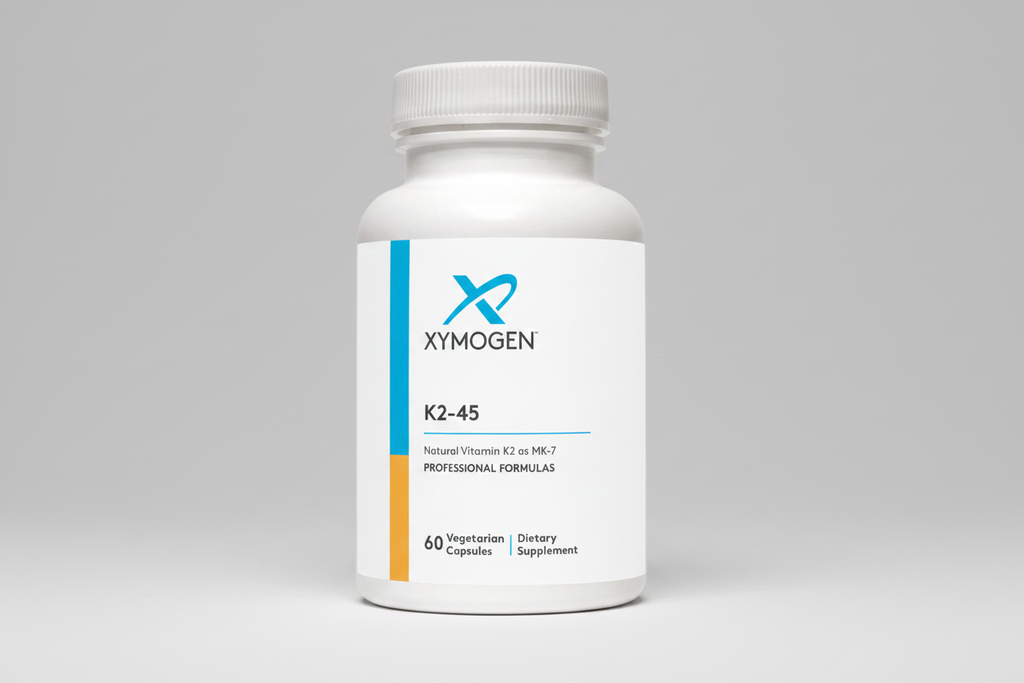 XYMOGEN K2-45 dietary supplement bottle on a white background