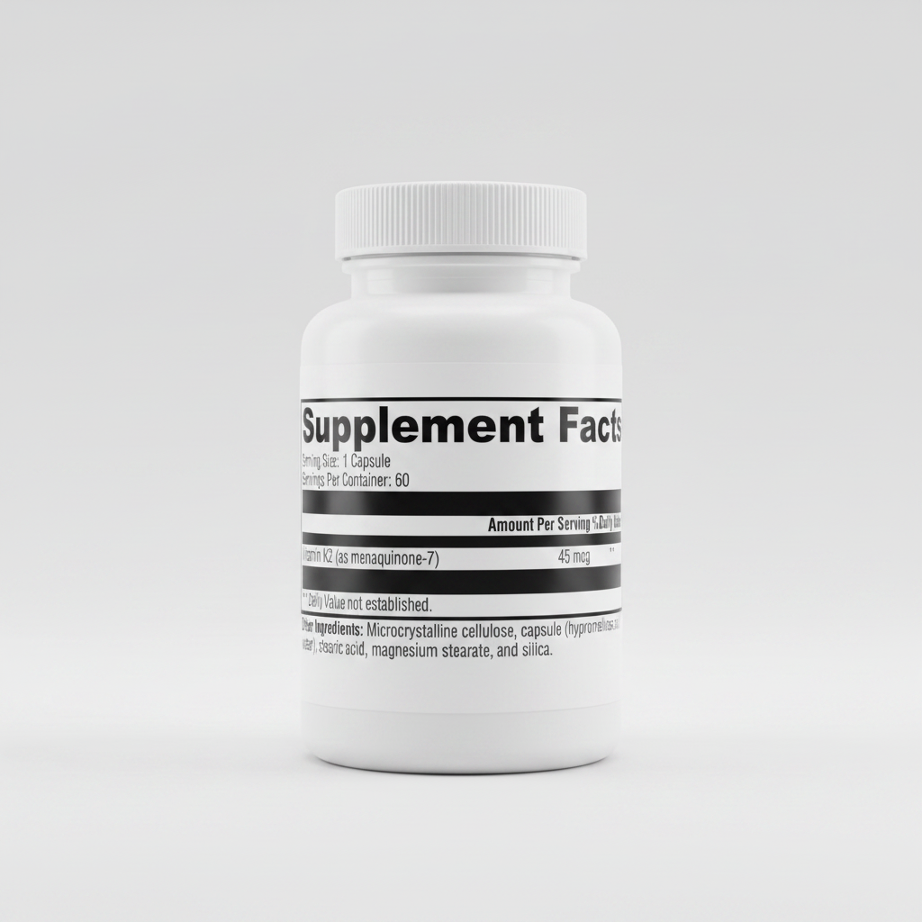 Supplement facts label with vitamin K2 and other ingredients on a white background