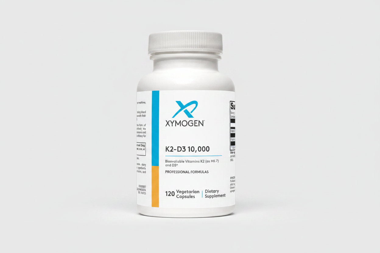 XYMOGEN K2-D3 10,000 dietary supplement bottle on a white background