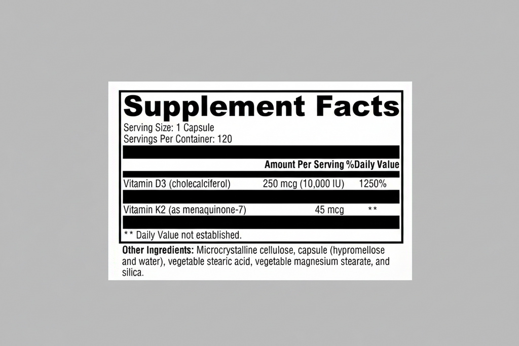 Supplement facts label with Vitamin D3 and K2 on a white background