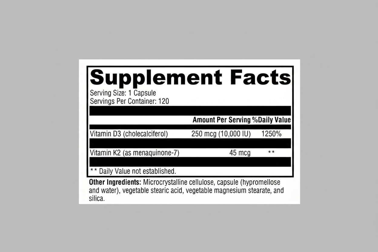 Supplement facts label with Vitamin D3 and K2 on a white background