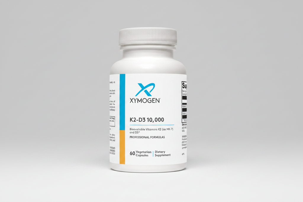 Supplement bottle labeled 'Xymogen K2-D3 10,000' on a white background