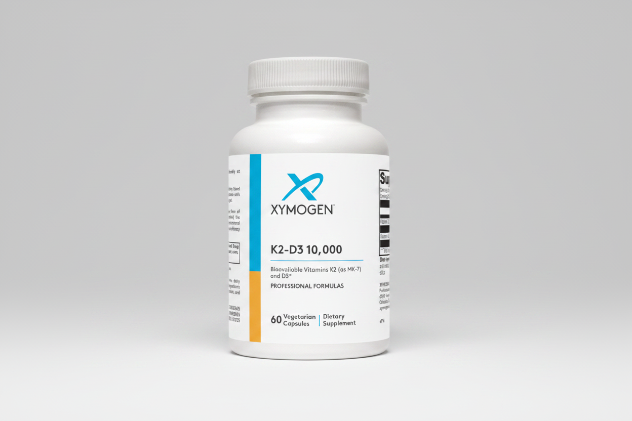 Supplement bottle labeled 'Xymogen K2-D3 10,000' on a white background