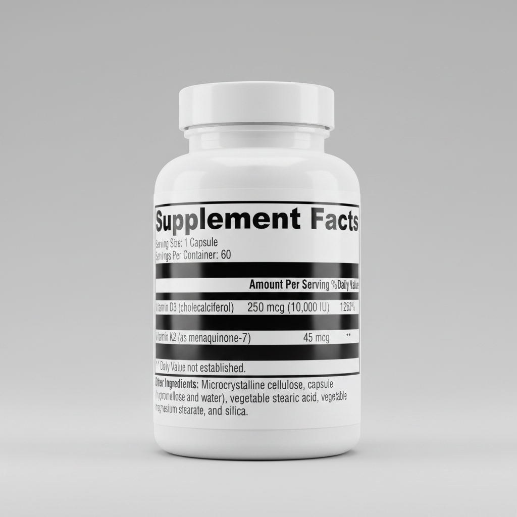 Supplement facts label with vitamin D3 and K2 information on a white background