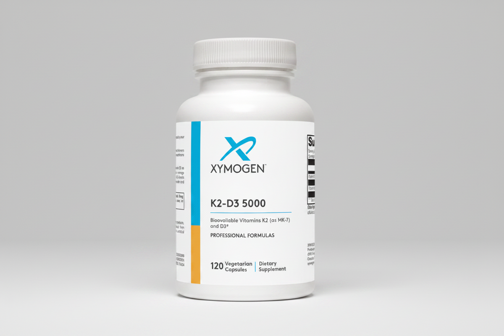 Supplement bottle labeled 'Xymogen K2-D3 5000' on a white background