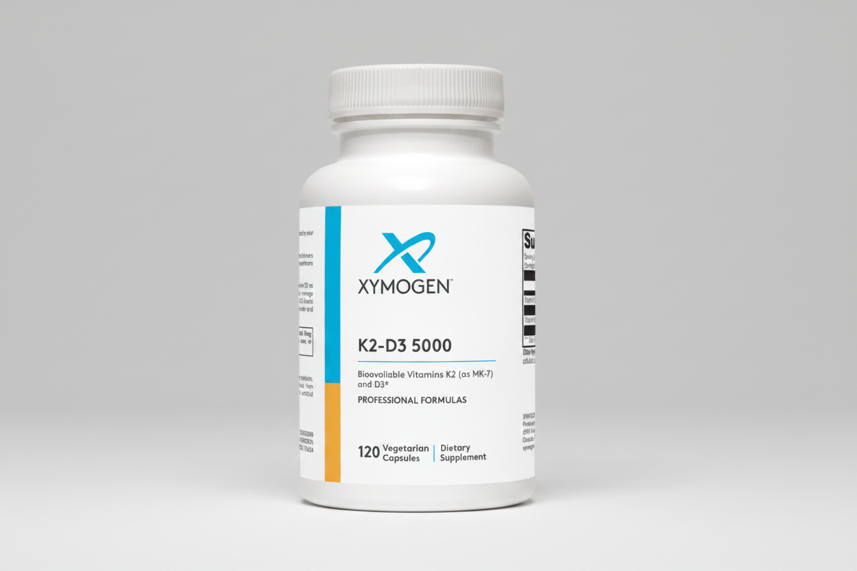 Supplement bottle labeled 'Xymogen K2-D3 5000' on a white background