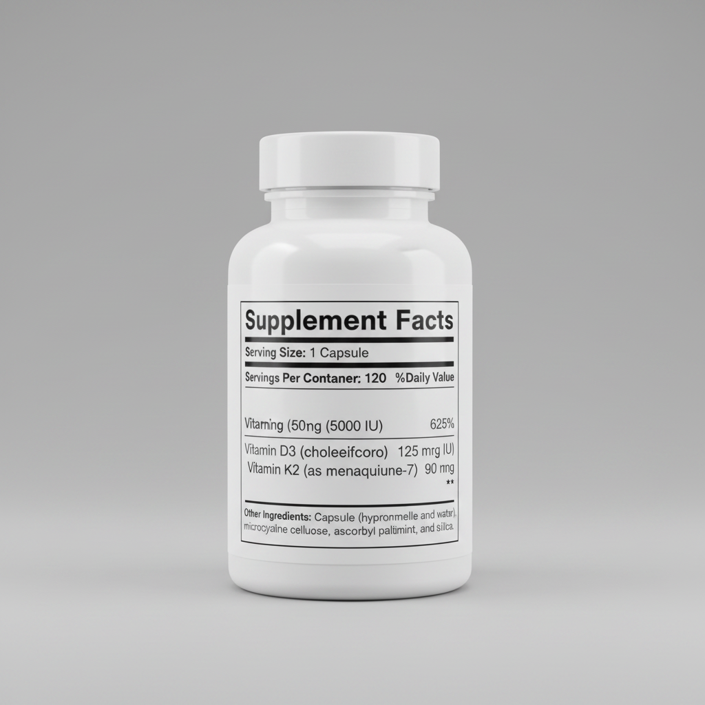 Supplement facts label with vitamins D3 and K2 on a white background