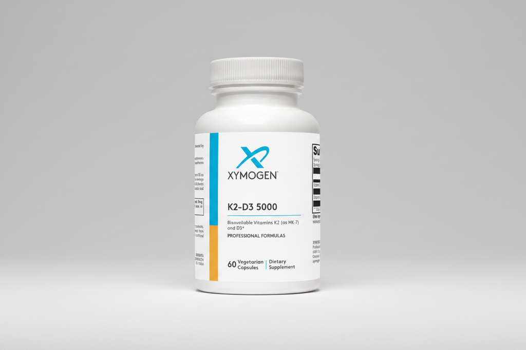 Xymogen K2-D3 5000 dietary supplement bottle on a white background