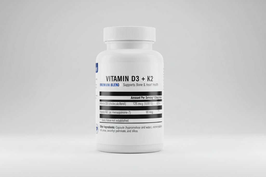 Supplement facts label with vitamins D3 and K2 on a white background