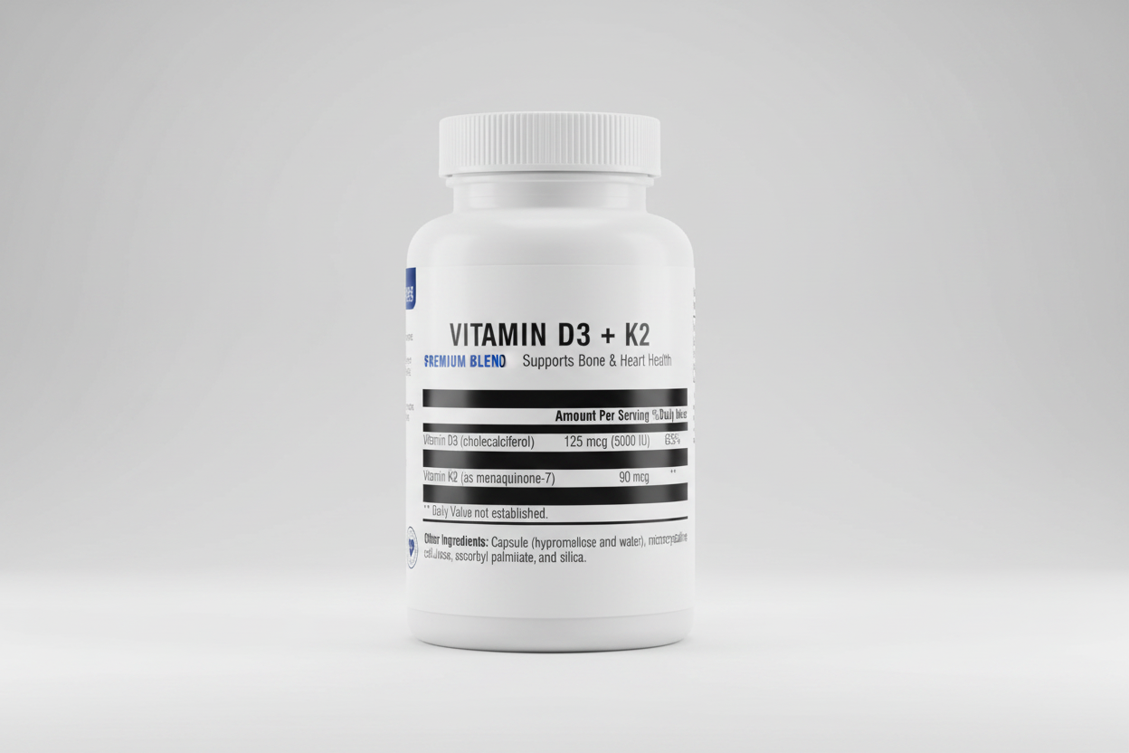 Supplement facts label with vitamins D3 and K2 on a white background