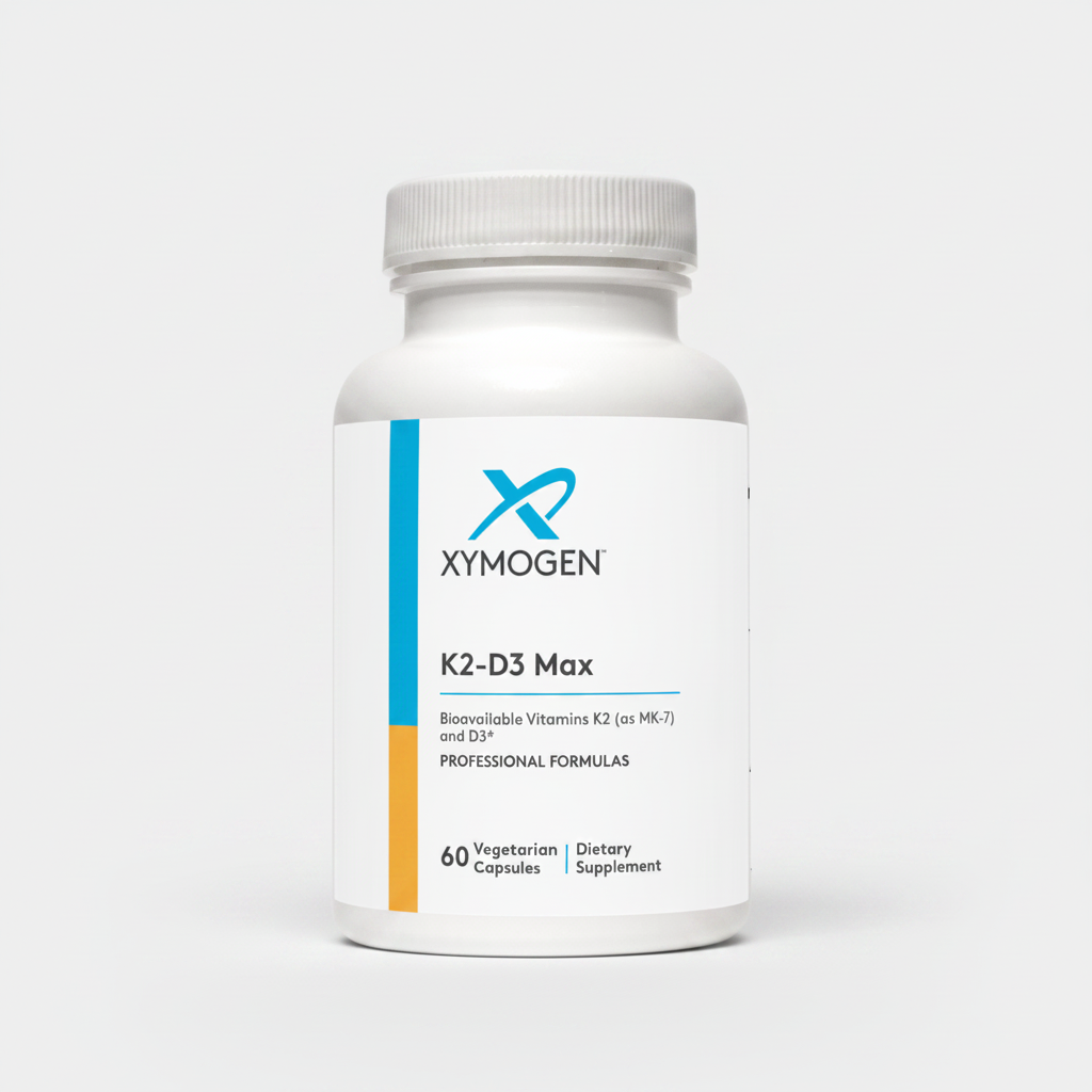 Xymogen K2-D3 Max dietary supplement bottle on a white background
