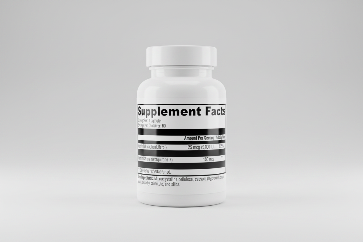Supplement facts label with vitamins D3 and K2 on a black background