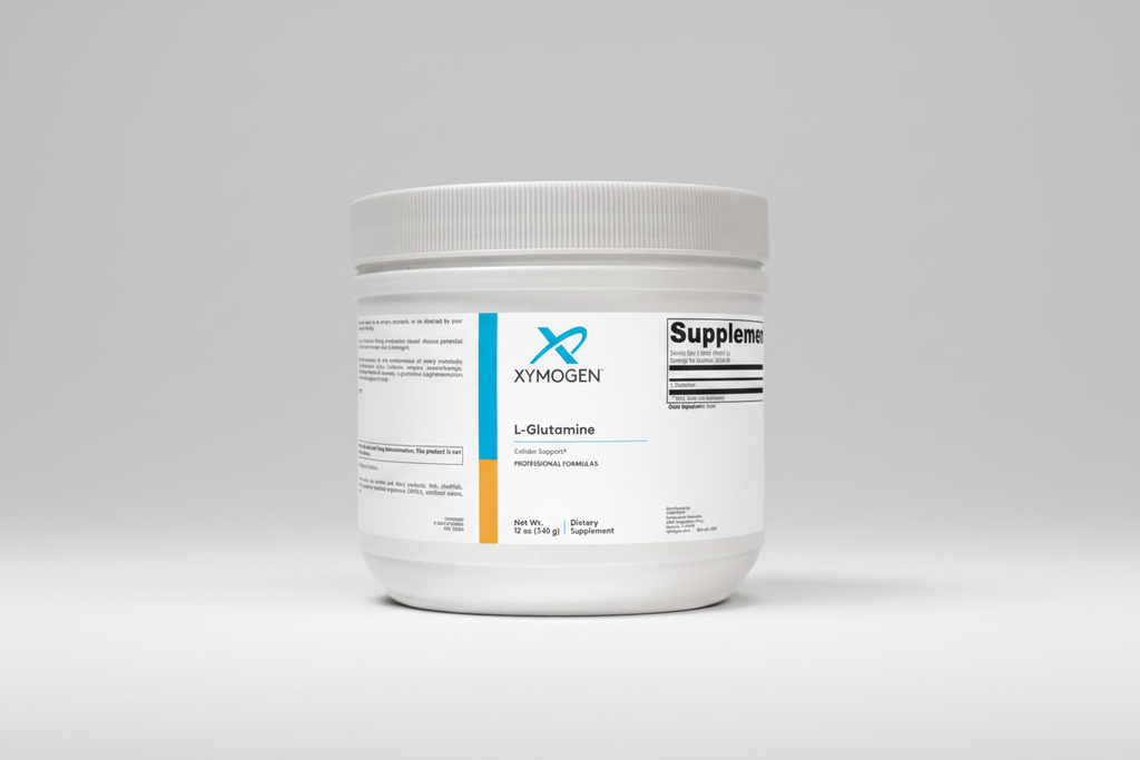 Xymogen L-Glutamine supplement container on a white background