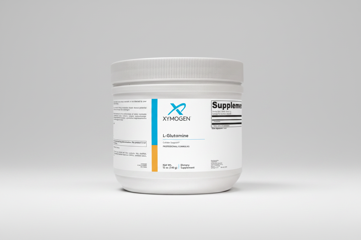 Xymogen L-Glutamine supplement container on a white background