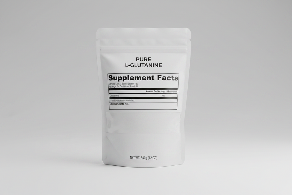 Supplement facts label with L-Glutamine content on a white background