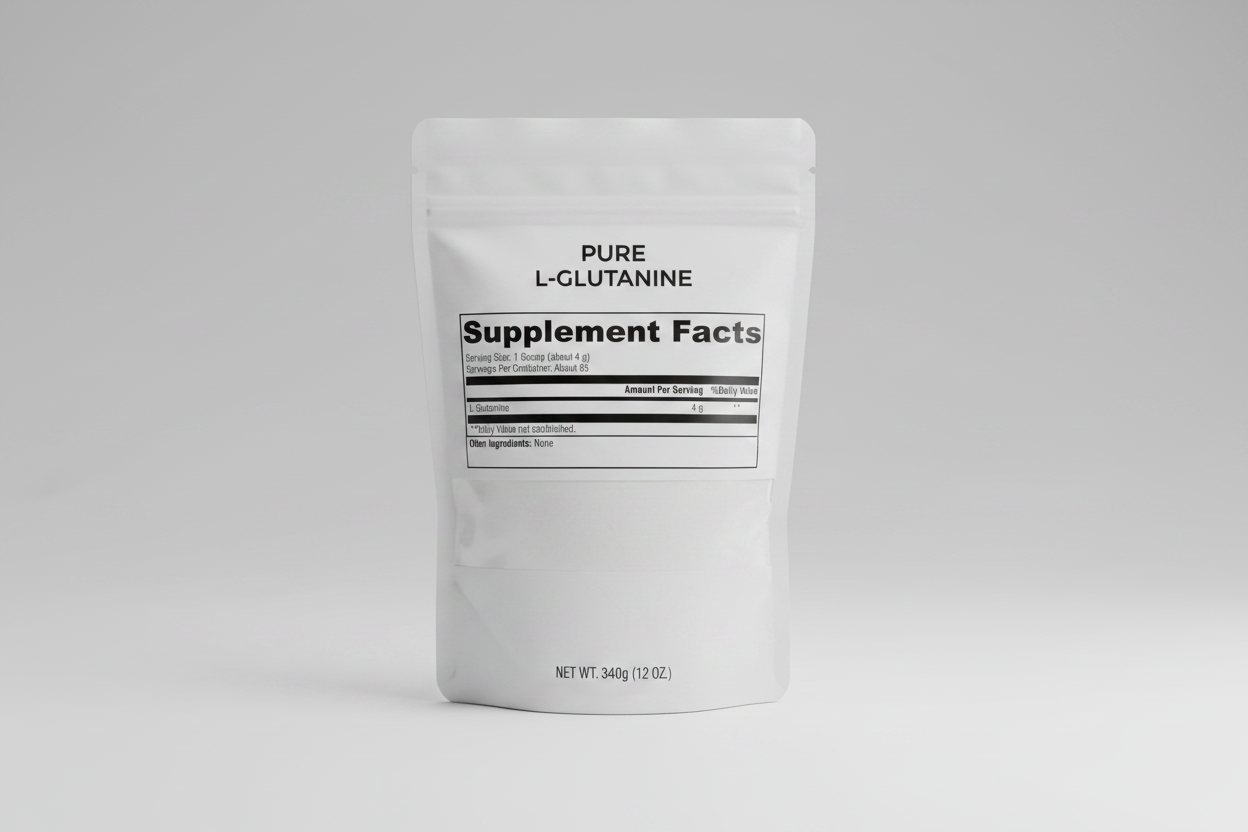 Supplement facts label with L-Glutamine content on a white background