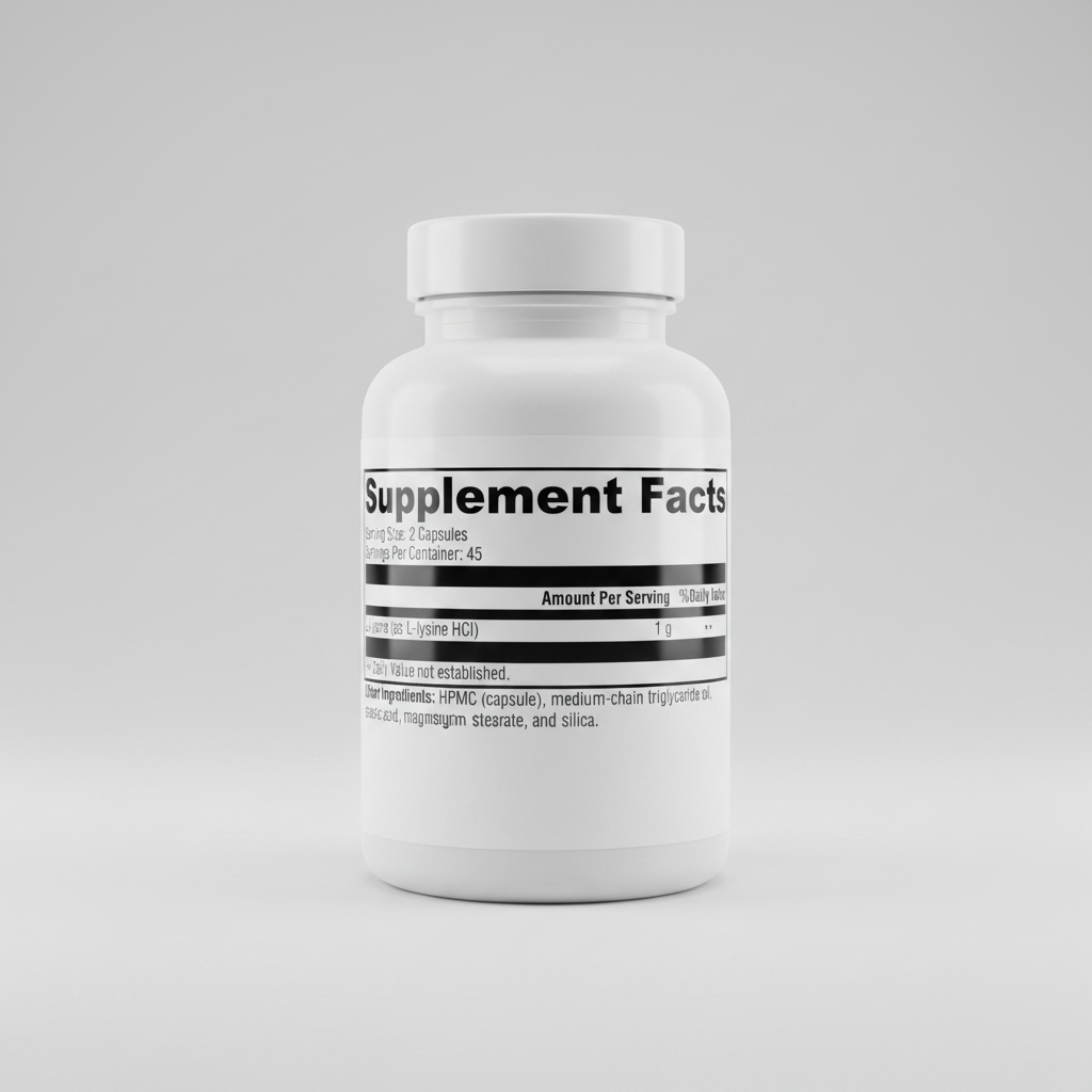 Supplement facts label with L-Lysine content on a white background