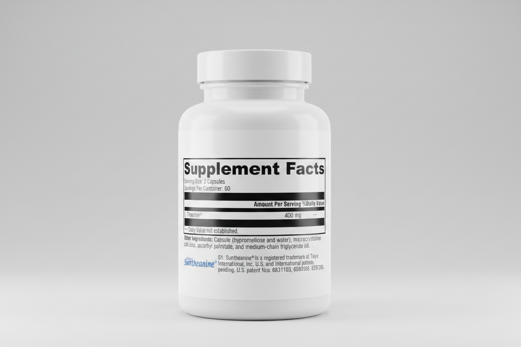 Supplement facts label with L-Theanine content on a white background
