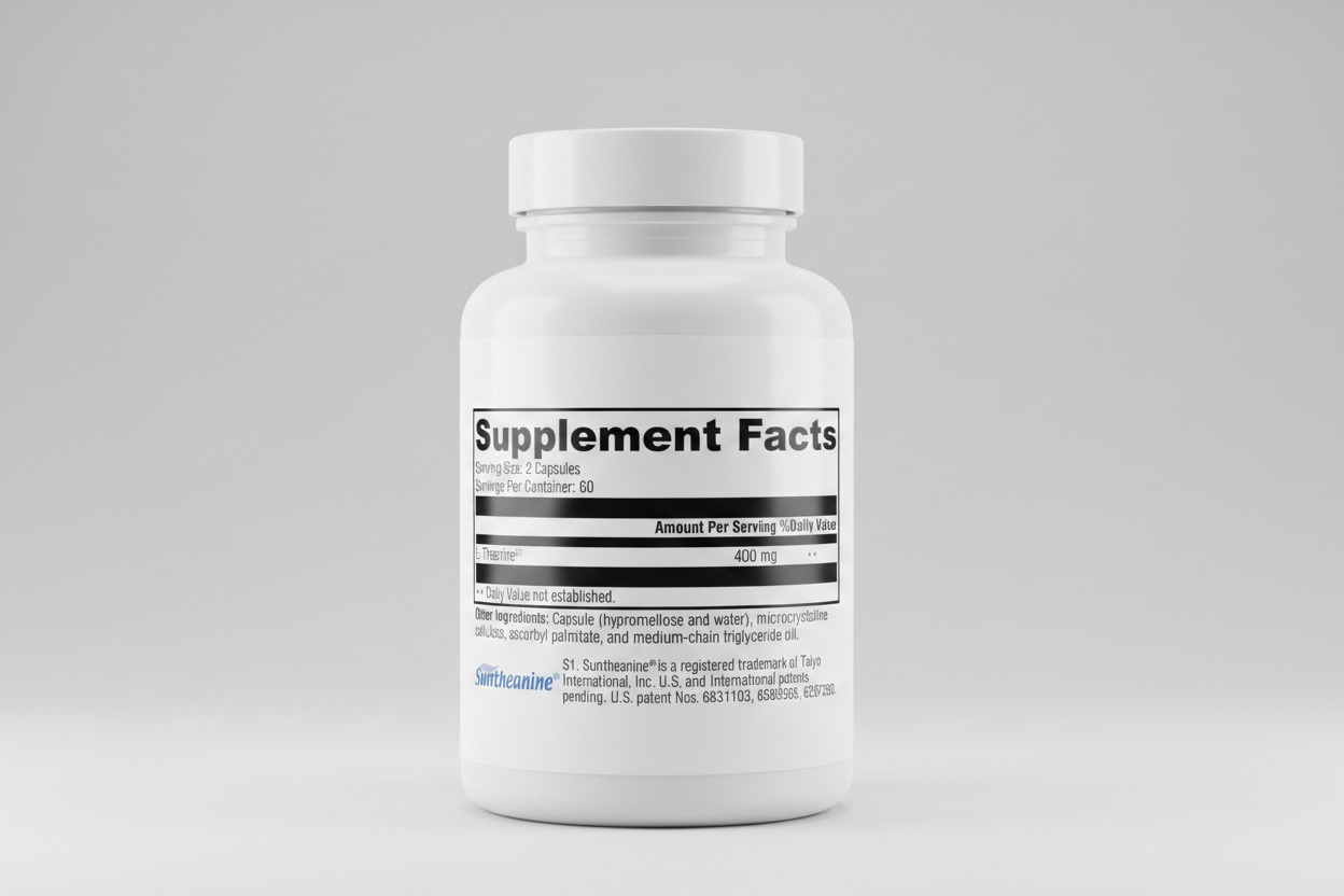 Supplement facts label with L-Theanine content on a white background