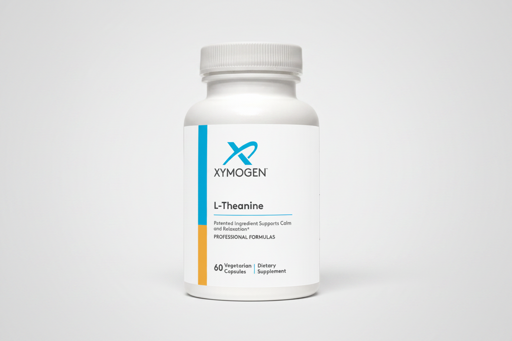 Supplement bottle labeled 'Xymogen L-Theanine' on a white background