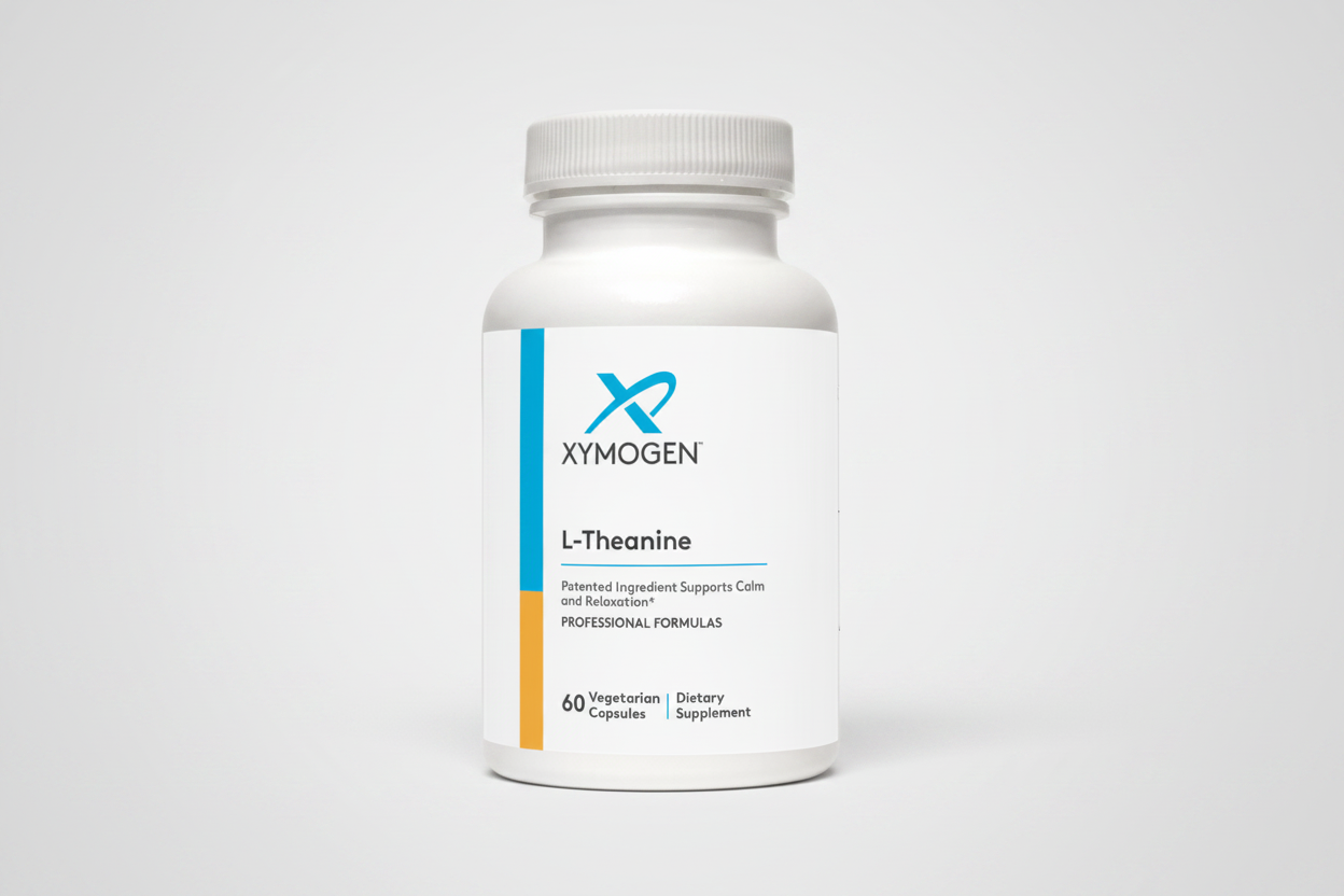 Supplement bottle labeled 'Xymogen L-Theanine' on a white background