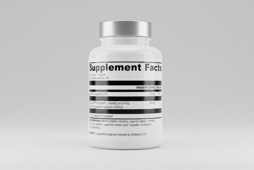 Supplement facts label with detailed nutritional information on a white background