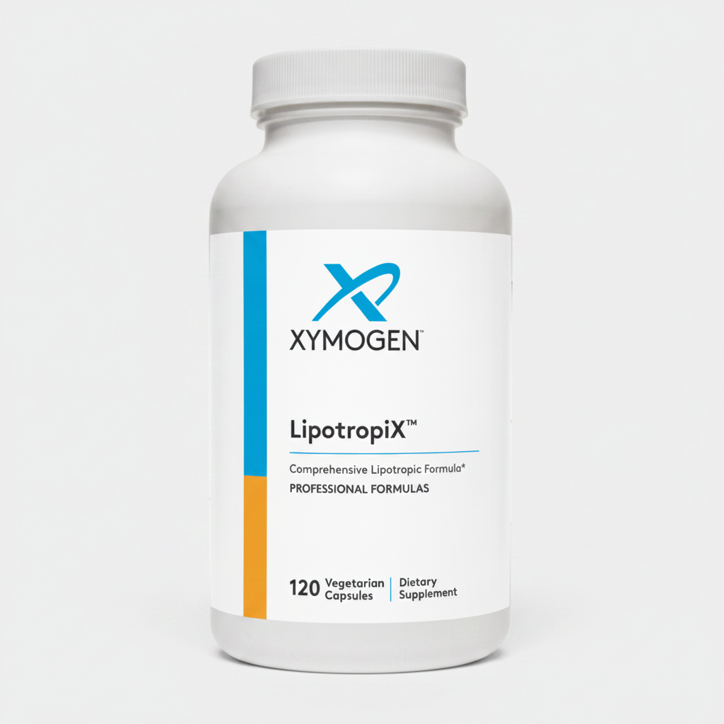 Supplement bottle labeled 'Lipotropix' by Xymogen on a white background
