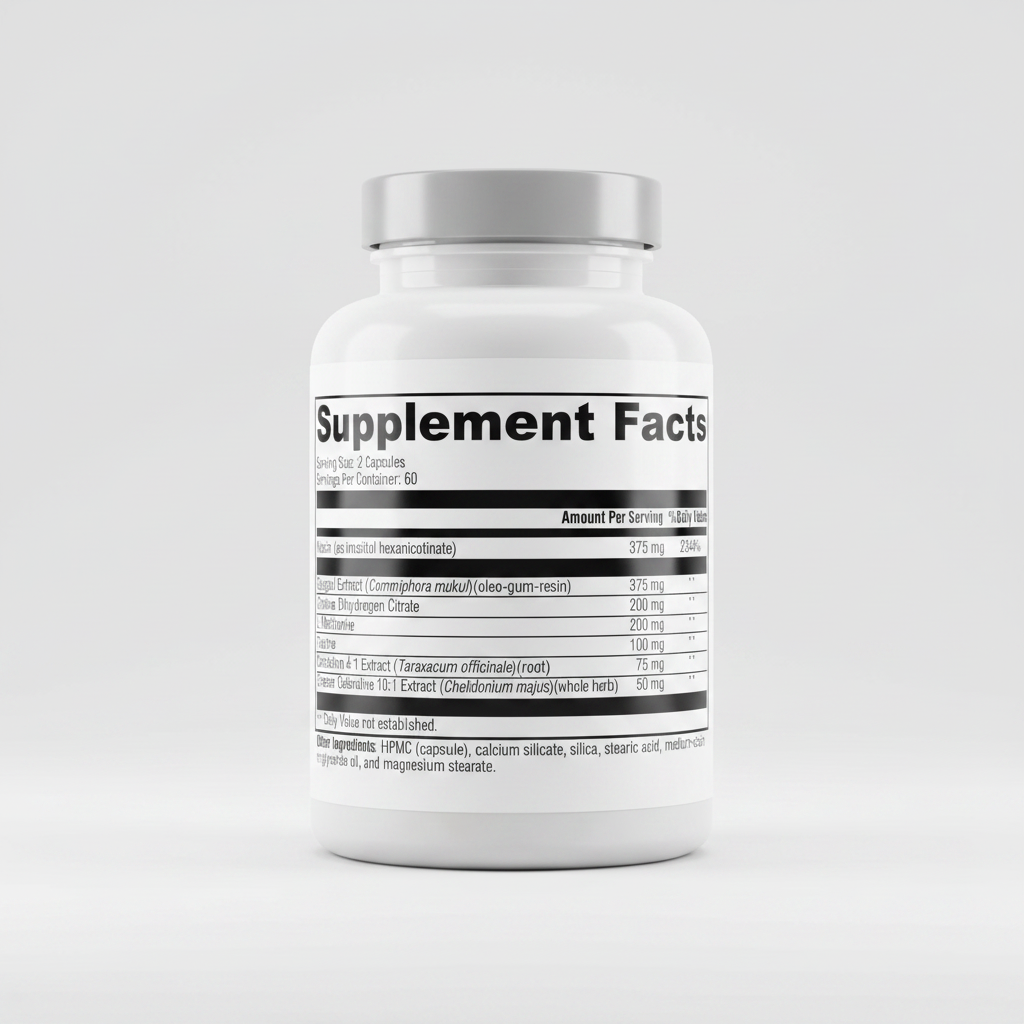 Supplement facts label with detailed nutritional information on a white background