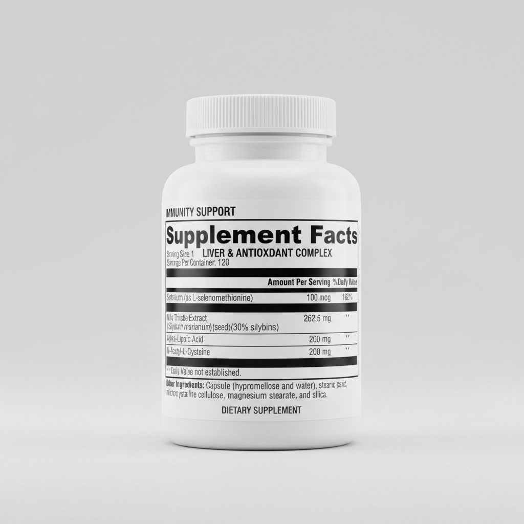 Supplement facts label with various nutrients listed on a white background