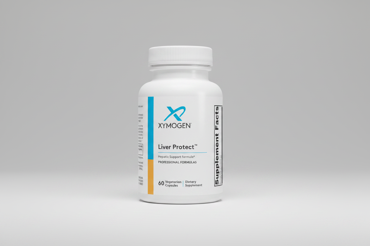 Xymogen Liver Protect supplement bottle on a white background