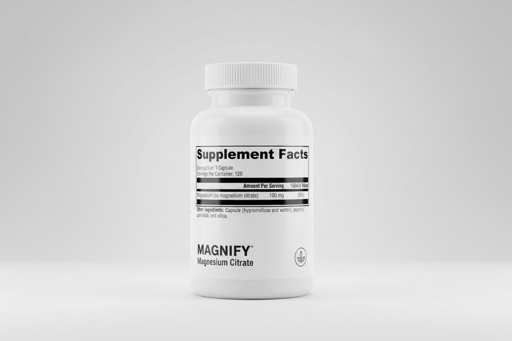 Supplement facts label with magnesium content on a white background