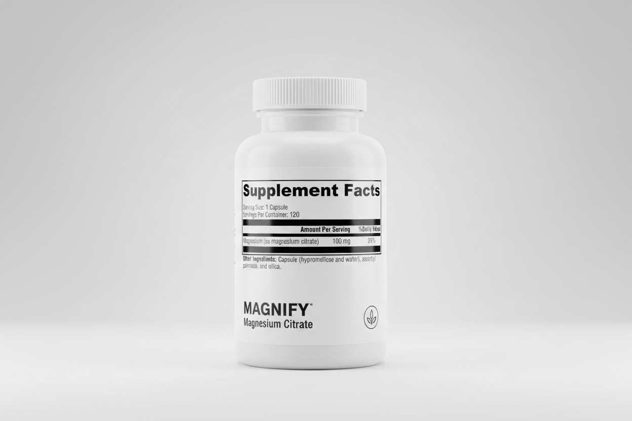 Supplement facts label with magnesium content on a white background