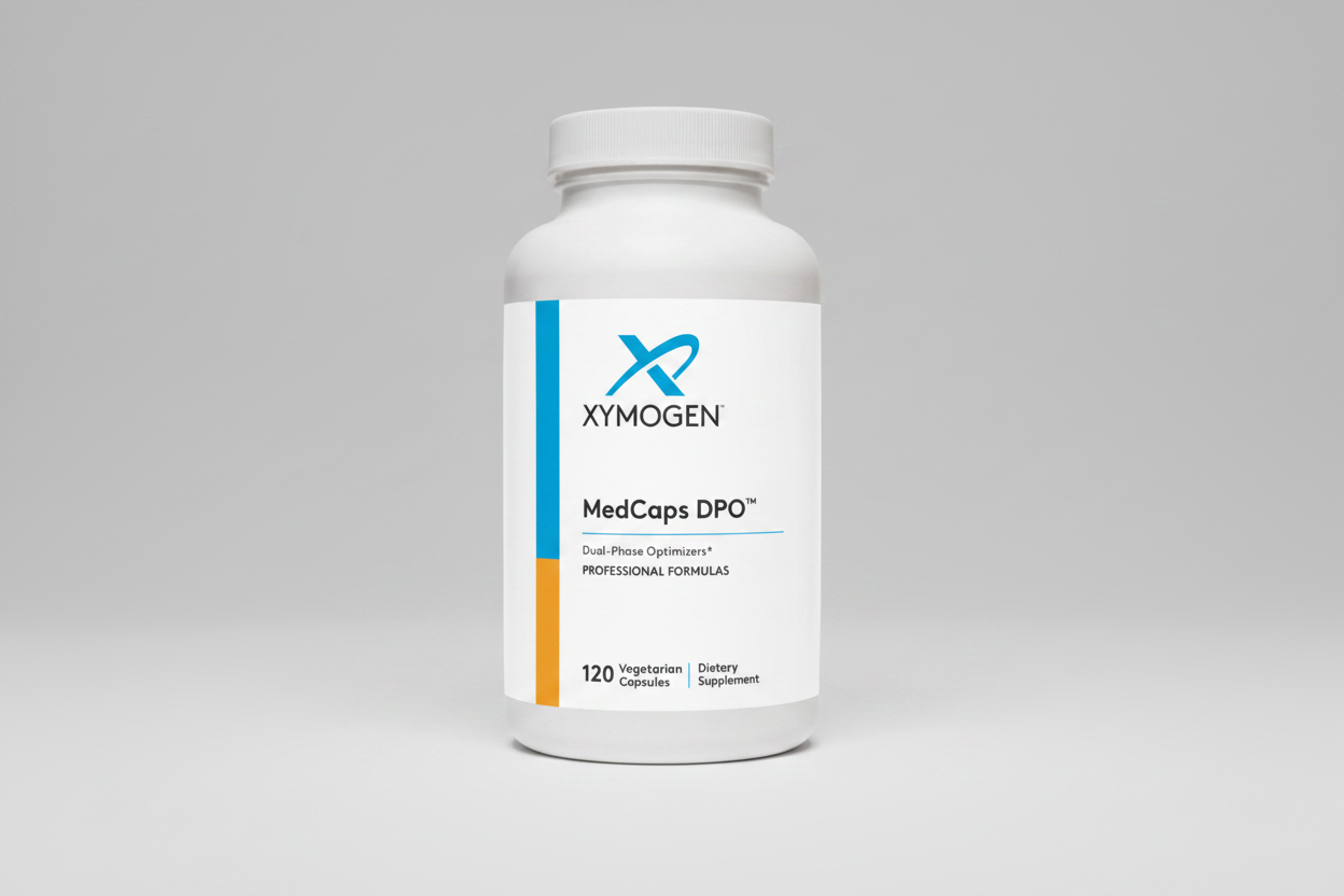 White supplement bottle labeled 'Xymogen MedCaps DPO' on a white background